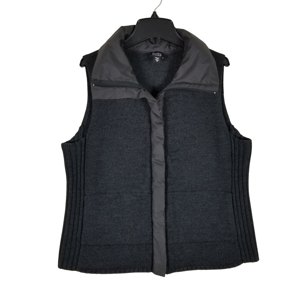 Eileen Fisher Vest Womens Medium Charcoal Grey Merino Wool Nylon Trim Zip Up